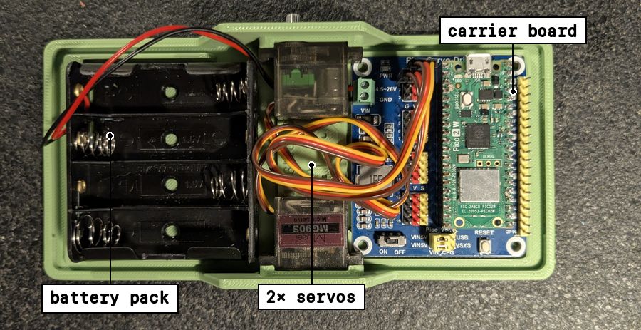 The carrier board, two servos, and battery pack all seated in the molded slots of the printed body plate, wired together, before any legs are attached.